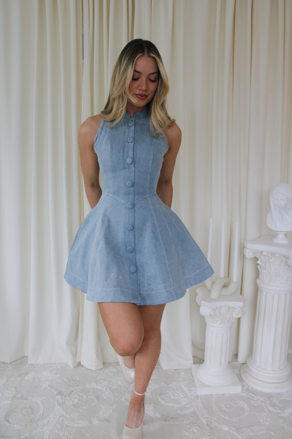 Structured Denim Mini Dress | Built-In Waist Cincher | Olyv – Olyv