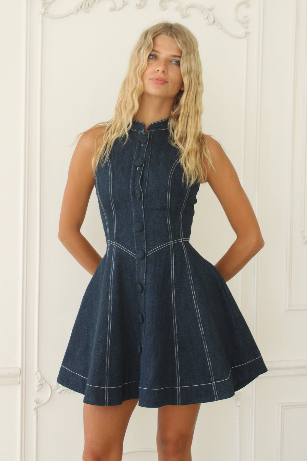 Structured Denim Mini Dress | Built-In Waist Cincher | Olyv – Olyv