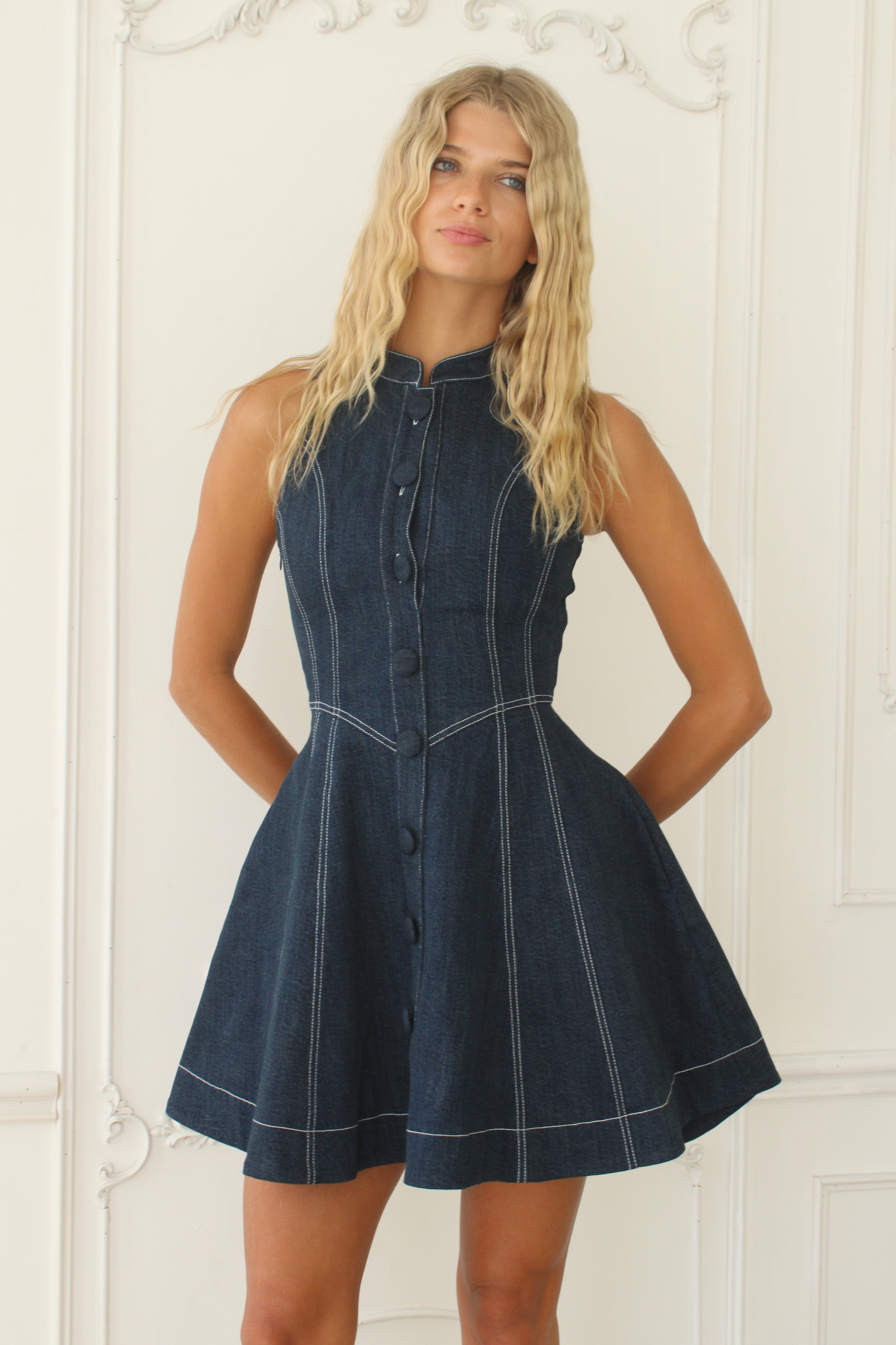 Structured Denim Mini Dress | Built-In Waist Cincher | Olyv – Olyv
