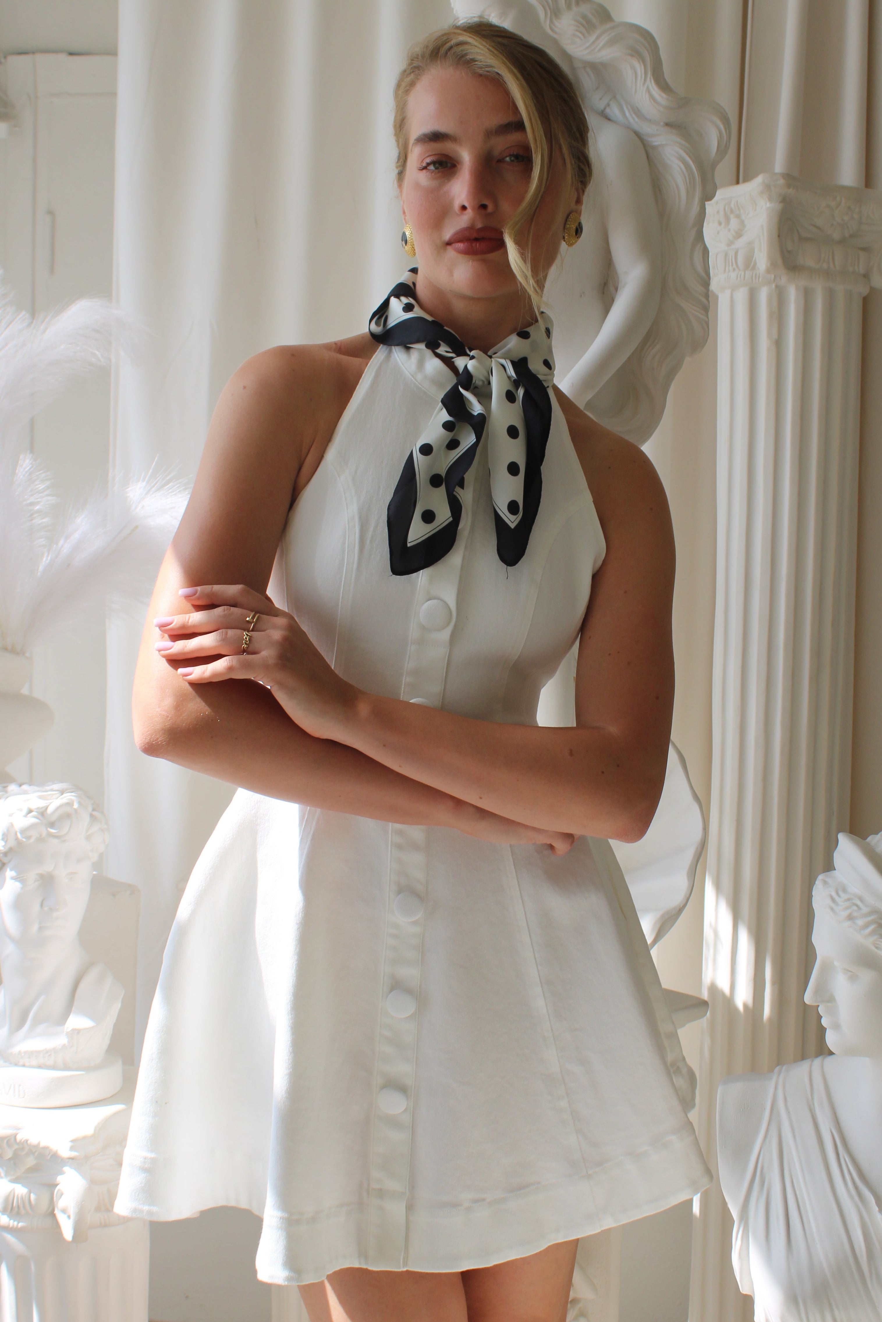 White Denim Backless Mini Dress | Halter Collar & Pockets | Olyv – Olyv